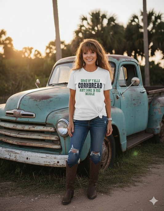 "Cornbread Ain't Done in the Middle" Graphic Tee | Tultex Soft Unisex T-Shirt | Funny Southern Sassy Sayings Top | Retro Country Boutique Apparel