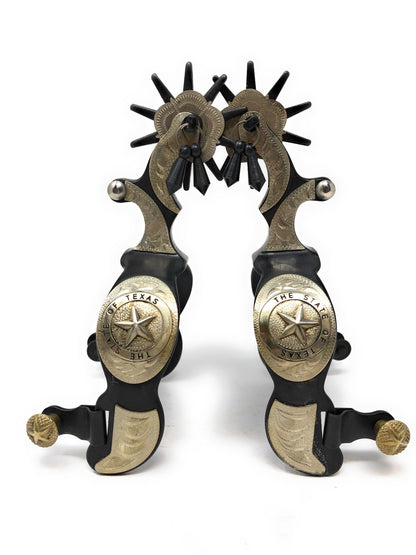 AJ Tack Men's Black Engraved Texas State Seal Spurs