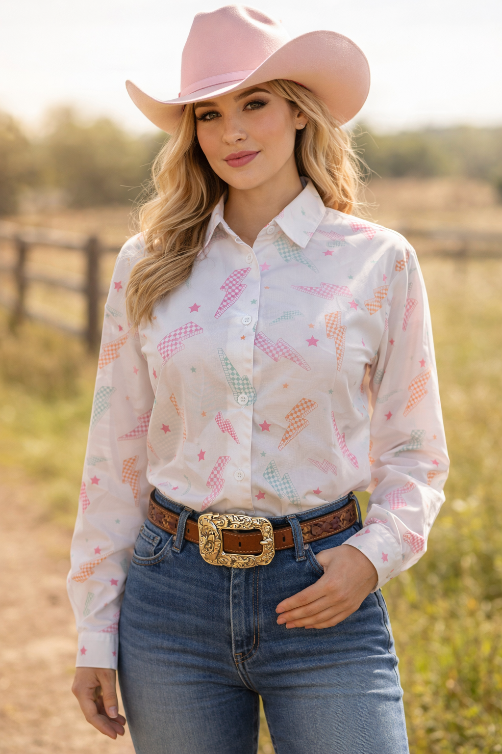 Plaid Lightning Stain Resistant Button-Up Rodeo Shirt Blouse
