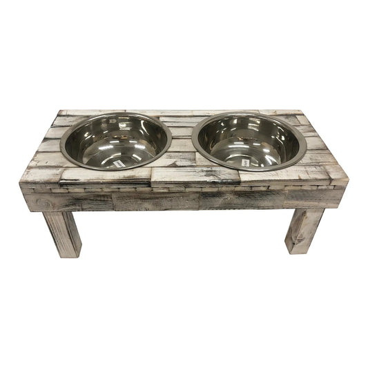 Huntley Pet Berjen Table Elevated Double Bowl Pet Feeder, White Wash