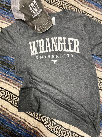 Wrangler University Collegiate Graphic Tee | Premium Bella + Canvas 3001 Western Shirt | Rowdy Rowels Dark Heather Grey Rodeo T-Shirt