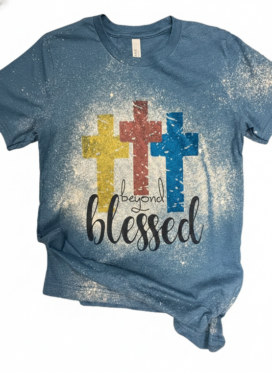 Beyond Blessed Cross Western Graphic Tee | Faith-Based Western Heather Teal Bella + Canvas 3001 T-Shirt