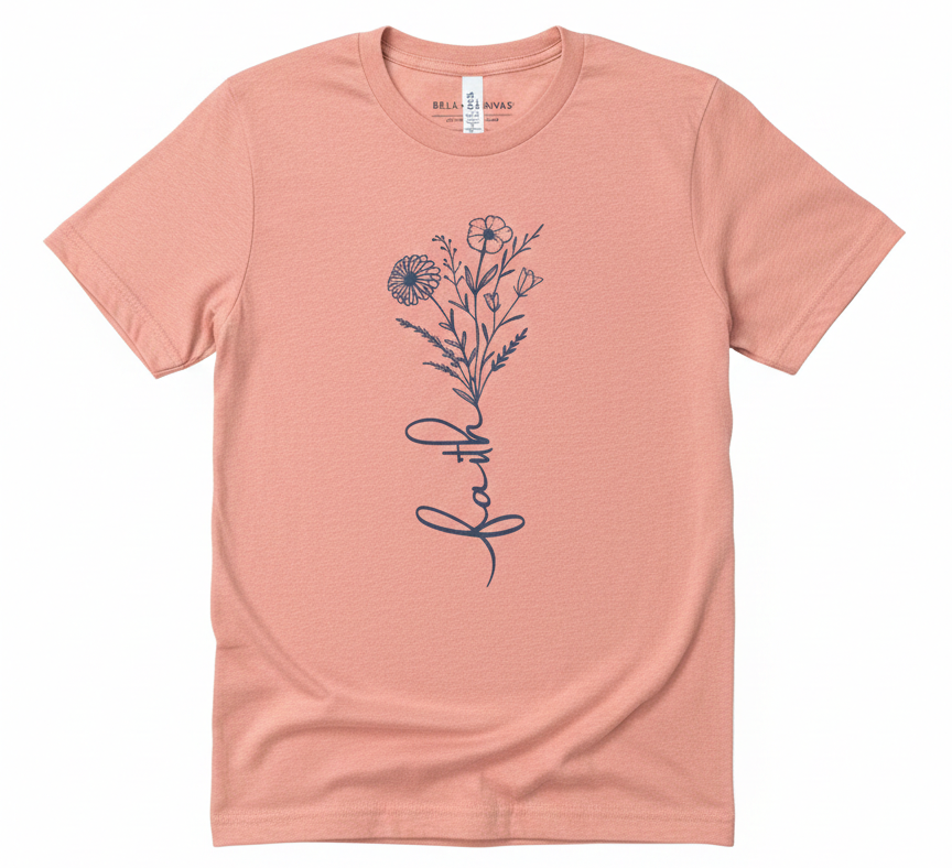 Faith Wildflower Graphic Tee | Soft Sunset Peach Floral T-Shirt | Christian Western Boutique Top | Minimalist Botanical Faith Shirt
