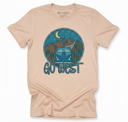 Go West Retro Road Trip Graphic Tee | Vintage Van & Desert Sunset T-Shirt | Premium Peach Boho Cowgirl Adventure Top