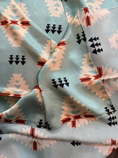 100% Silk Wild Rag Aztec Native Light blue and ivory by Double B Wild Rags