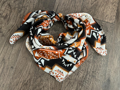 100% Silk Wild Rag Aztec Native tribal inspired pattern of brown, black, and white by Double B Wild Rags
