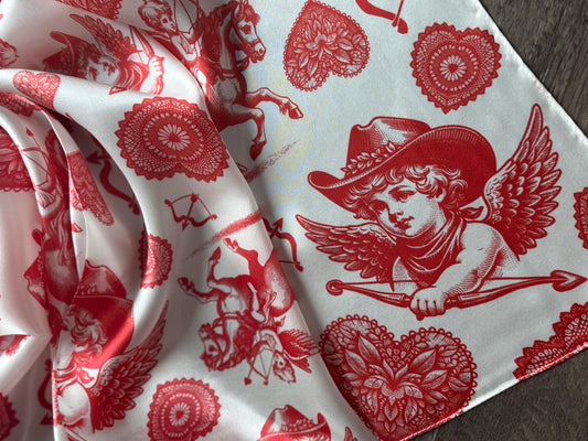 100% Silk Wild Rag Cowboy Cherubs and Hearts red and white Valentines