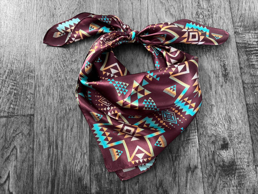 100% Silk Wild Rag Plum and Turquoise Native Tribal Print by Double B Wild Rags