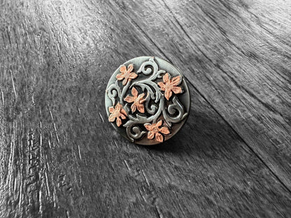 100% Silk Wild Rag Scarf Slide Keeper Brooch by Double B Wild Rags Rose Gold and Antique Silver Floral Design