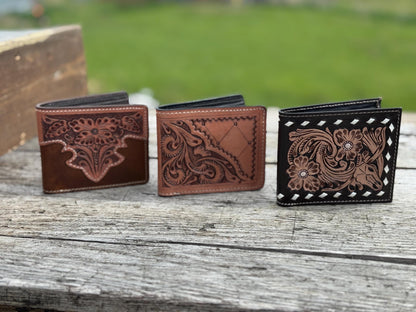 Men’s Western bi-fold wallet tooled floral Cow Skull Aces Cards details by Double B Wild Rags