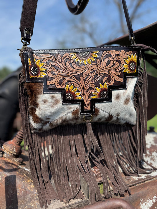 Genuine Western Cowhide Leather Purse or Clutch with Dark Sunflower painted details a Double B Wild Rags Exclusive