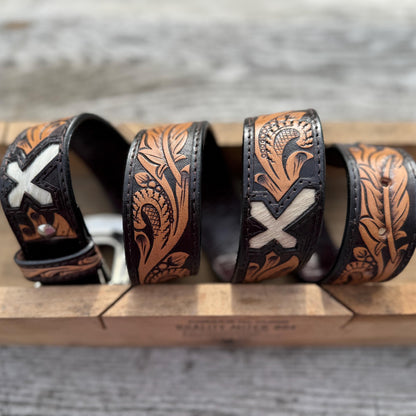 Genuine Leather Western Belt with tooled feathers and Cross cut outs by Double B Wild Rags