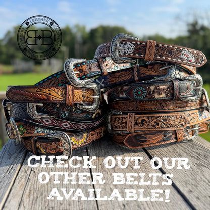 Genuine Leather Western Belt with dark tooled Sunflower details by Double B Wild Rags