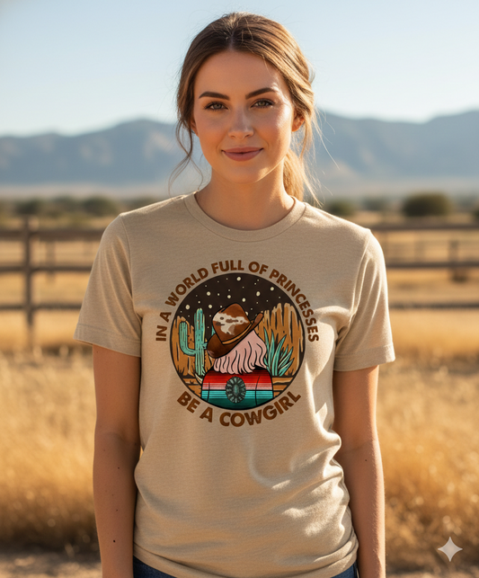 In a World Full of Princesses Be a Cowgirl T-Shirt | Western Graphic Tee | Rowdy Rowels