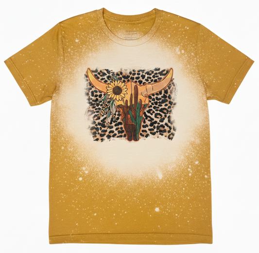 Leopard Print Steer Skull Graphic Tee | Bella + Canvas 3001 Mustard Yellow Unisex T-Shirt | Boho Western Bleached Top | Desert Cactus & Sunflower Apparel