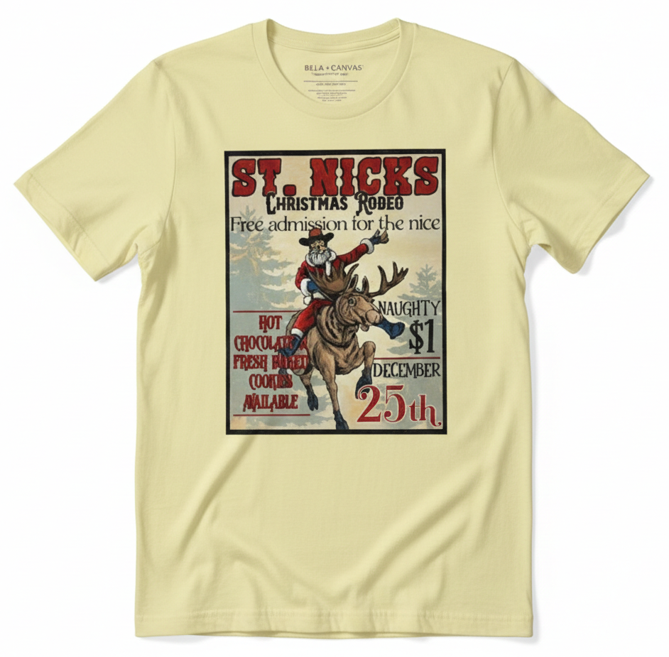 St. Nick’s Christmas Rodeo Graphic Tee | Vintage Santa Reindeer T-Shirt | Retro Cowboy Christmas Apparel | Western Holiday Graphic Top