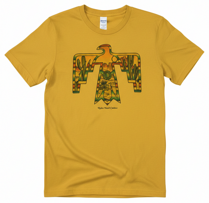 Thunderbird Desert Landscape Graphic Tee | Mustard Yellow Western Thunderbird T-Shirt | Retro Cowgirl Cactus & Mesa Scene Top