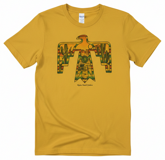 Thunderbird Desert Landscape Graphic Tee | Mustard Yellow Western Thunderbird T-Shirt | Retro Cowgirl Cactus & Mesa Scene Top