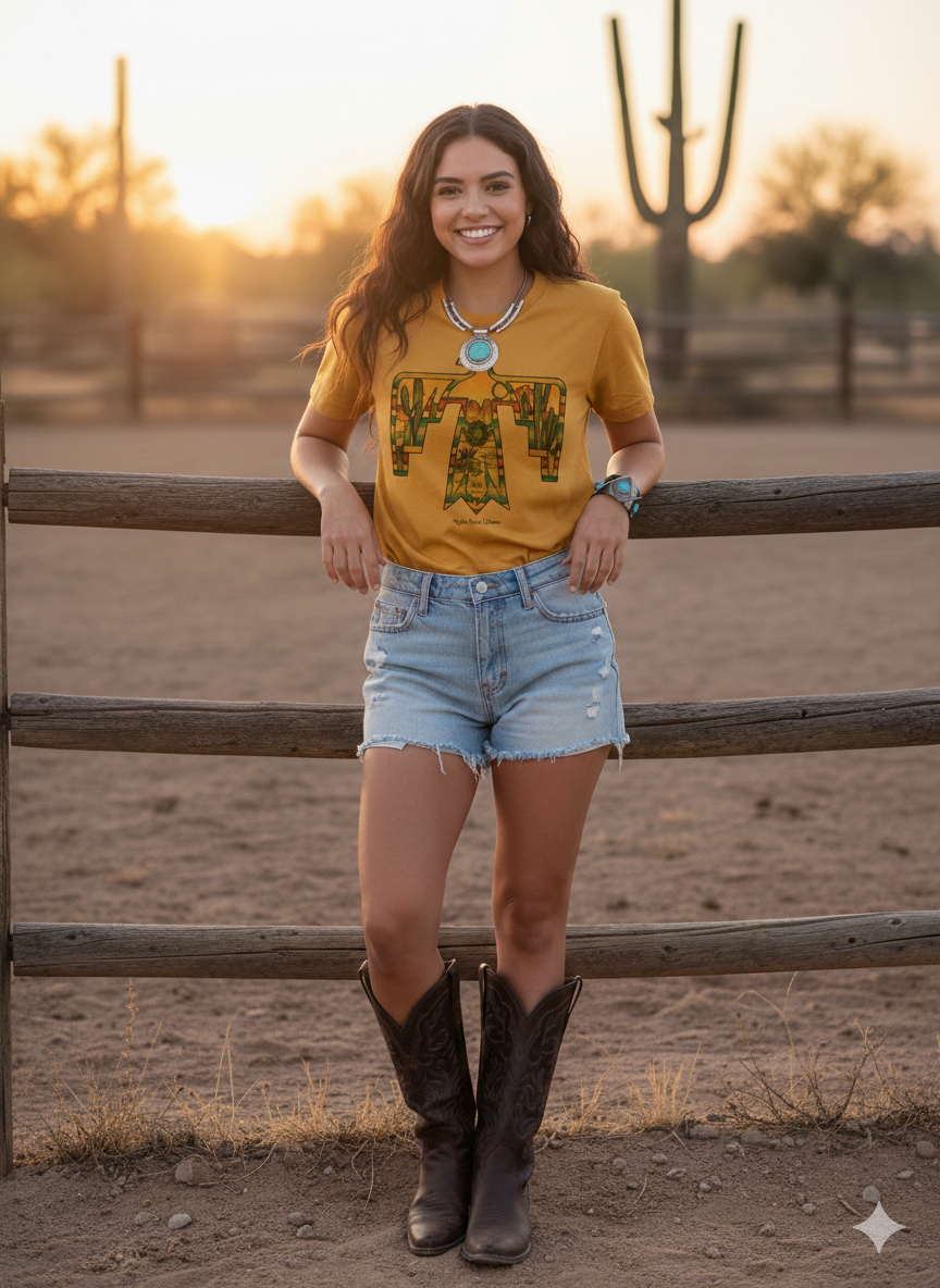 Thunderbird Desert Landscape Graphic Tee | Mustard Yellow Western Thunderbird T-Shirt | Retro Cowgirl Cactus & Mesa Scene Top