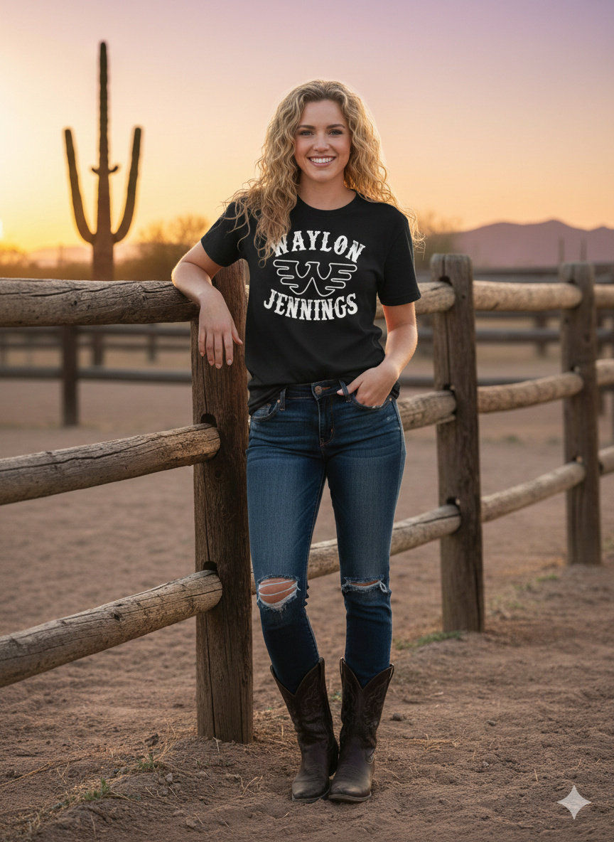 Waylon Jennings Outlaw Country Western Graphic Tee - Bella + Canvas 3001 Black Western Graphic Tee