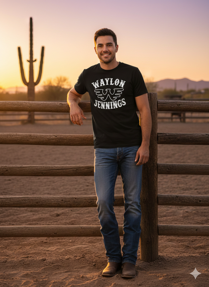 Waylon Jennings Outlaw Country Western Graphic Tee - Bella + Canvas 3001 Black Western Graphic Tee